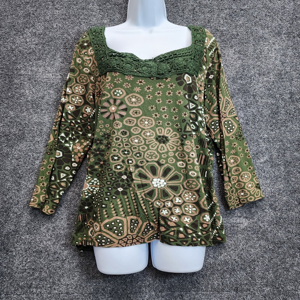 NWT Chico's Amelie Applique Women's Floral Crochet Boho Retro Rayon Tee Size 2